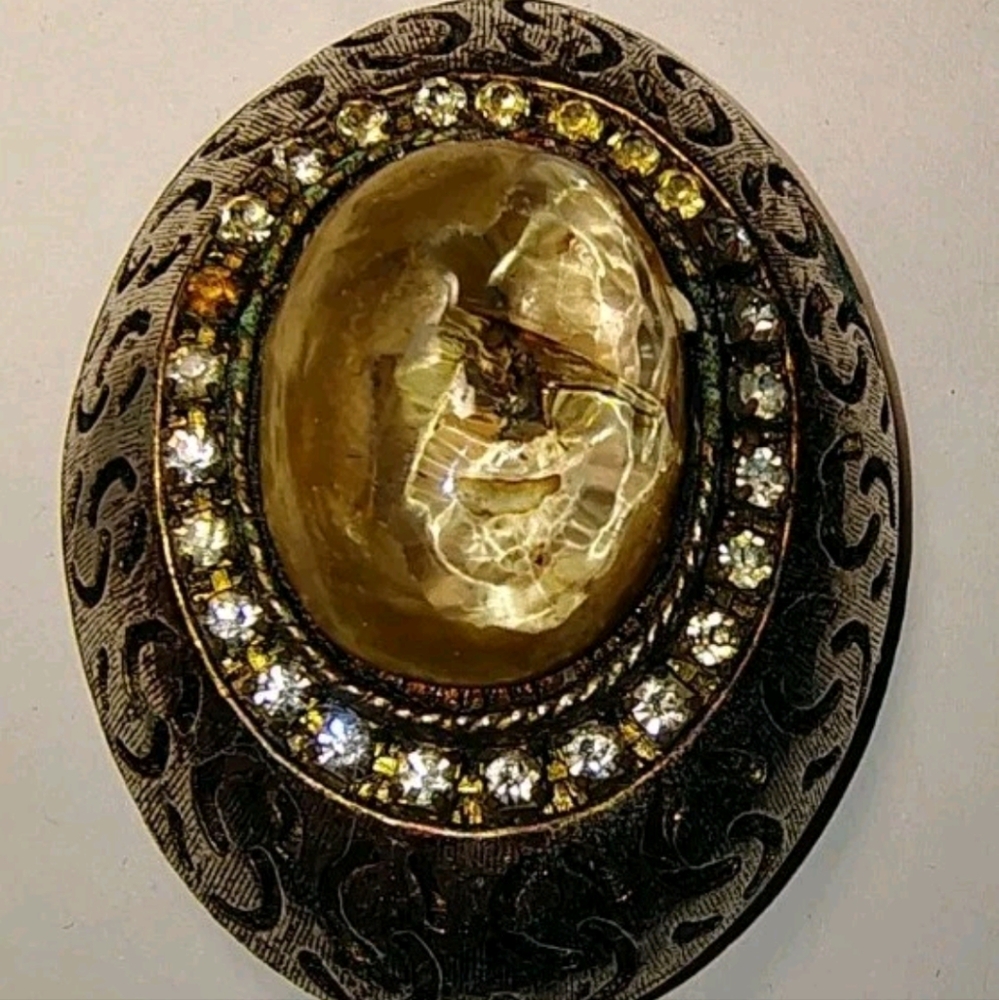 HAR Faux Pearl Domed Brooch Rhinestone Nacre 1950-60s Vintage Costume Jewelry 2"